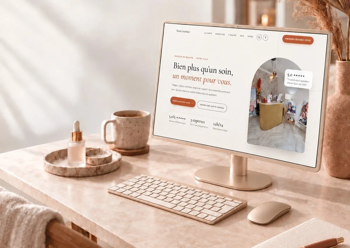 Site d'institut avec prise de rendez-vous en ligne, affiché sur l'écran d'un bureau